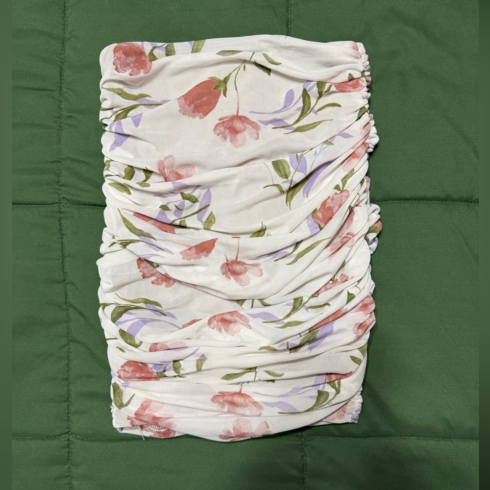 JLUXLABEL Floral Ruched Pencil Skirt - Pink and Purple on White